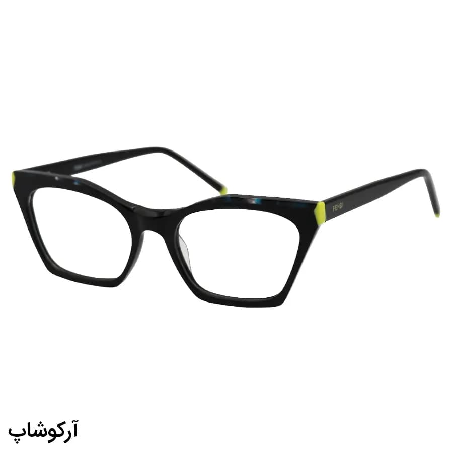 عینک طبی زنانه Fendi با فریم رنگ مشکی براق، شکل چشم گربه‌ای، از جنس استات و دسته سیم‌دار و لولا فنردار مدل XL6028