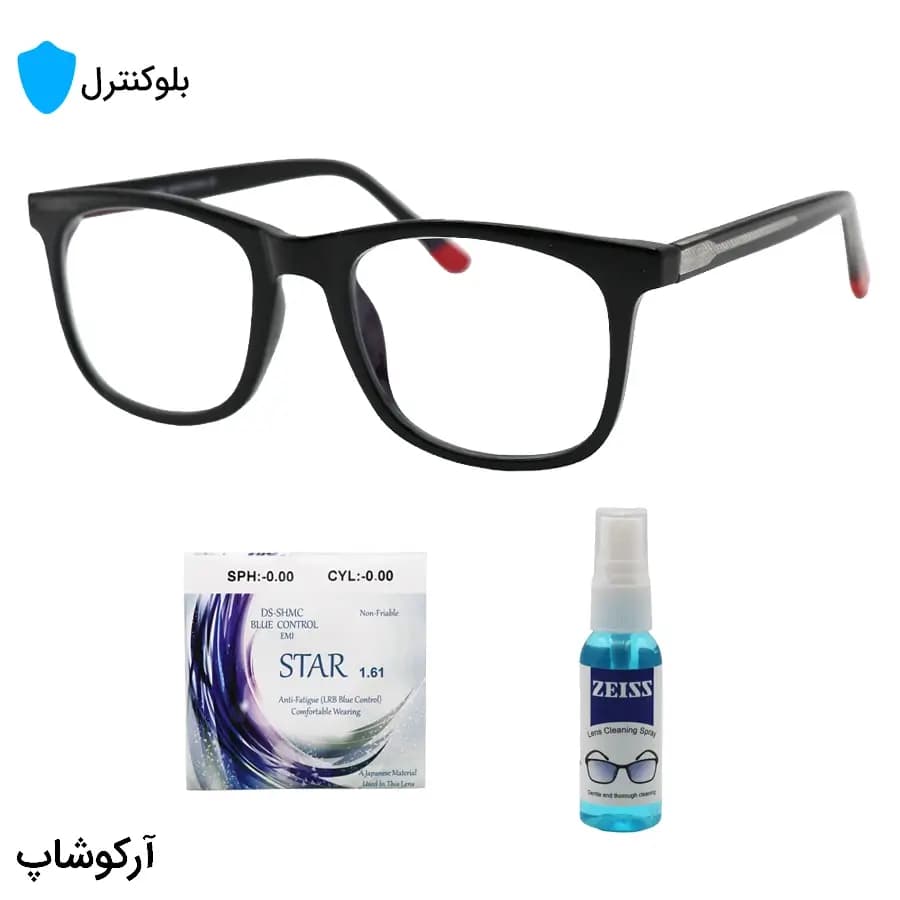 عینک بلوکنترل با فریم شکل مربعی، رنگ مشکی، دسته سیم‌دار و لولا فنری و لنز بلوکنترل ژاپنی برند Star مدل 250609