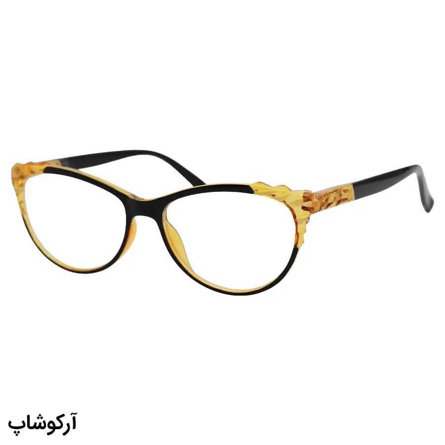 عینک مطالعه نزدیک بین نمره +2.25 با فریم رنگ مشکی و عسلی، شکل چشم گربهای و دسته فنردار مدل FB9155