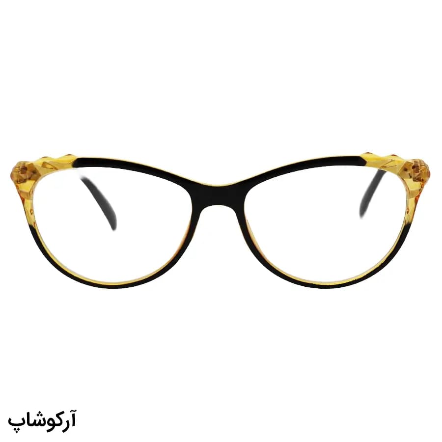 عینک مطالعه نزدیک بین نمره +2.25 با فریم رنگ مشکی و عسلی، شکل چشم گربهای و دسته فنردار مدل FB9155 — تصویر ۲