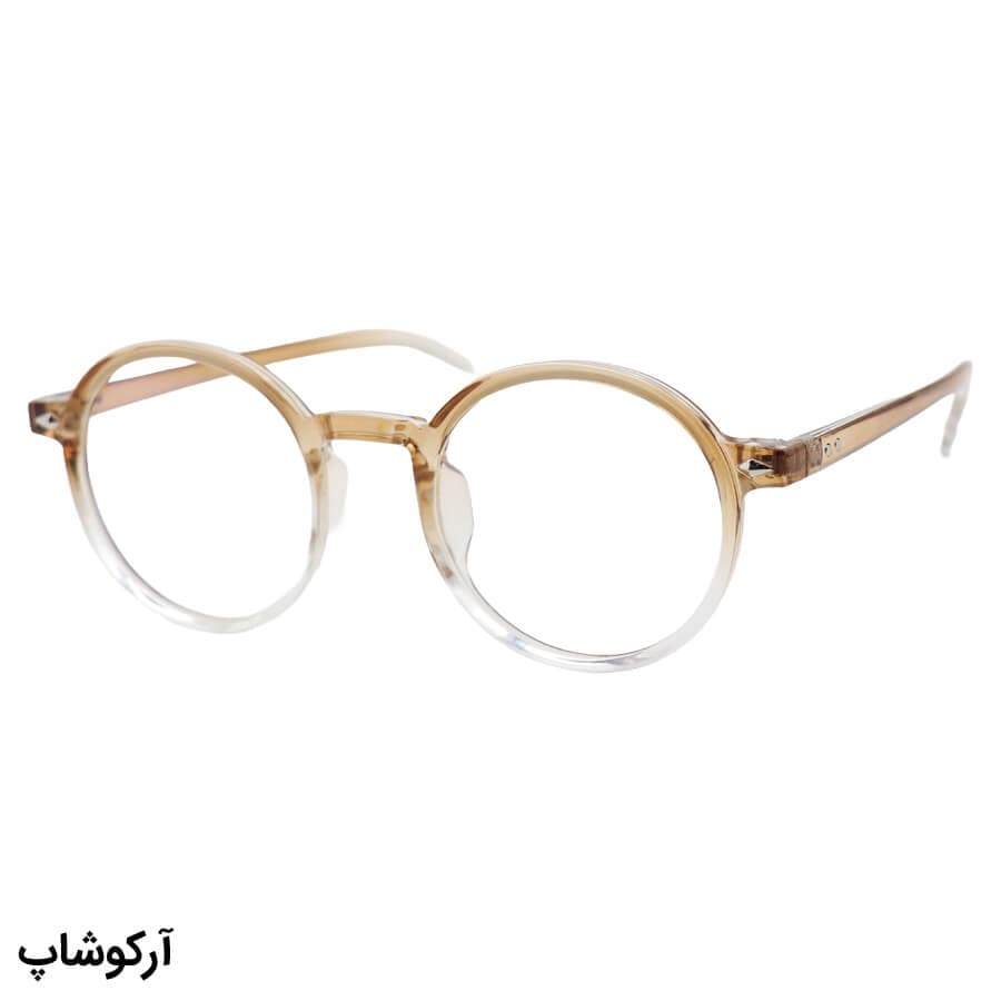 عینک با فریم گرد و دایره‌ای، رنگ عسلی و عدسی بی‌رنگ و از جنس پلی کربنات (بلوکات) مدل 20351
