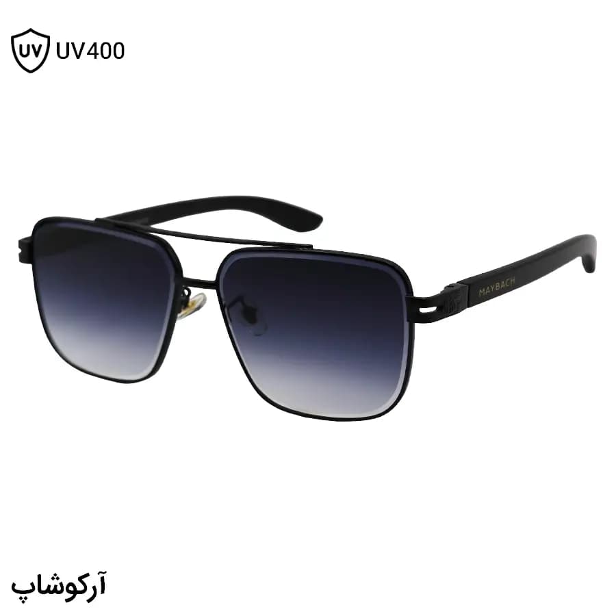 عینک آفتابی لاکچری میباخ با فریم مشکی رنگ، مربعی شکل، دسته چوبی و لنز دودی هایلایت مدل 23186