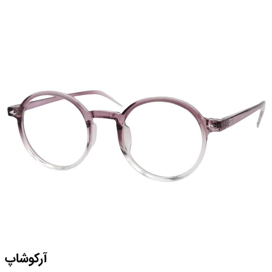 عینک با فریم گرد و دایره‌ای، رنگ بنفش و عدسی بی‌رنگ و از جنس پلی کربنات (بلوکات) مدل 20351