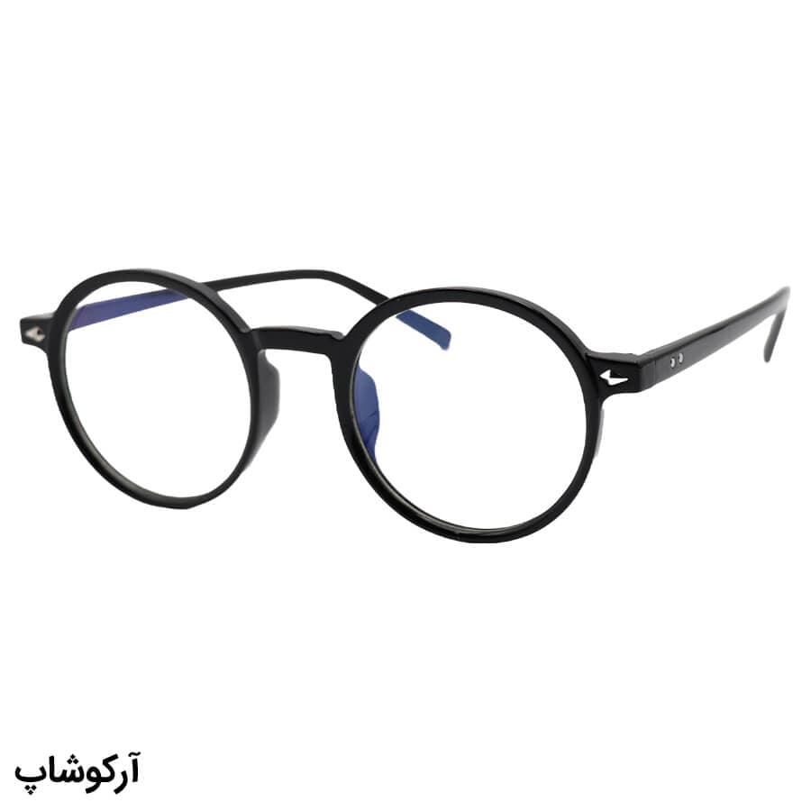 عینک با فریم گرد و دایره‌ای، رنگ مشکی و عدسی بی‌رنگ و از جنس پلی کربنات (بلوکات) مدل 20351