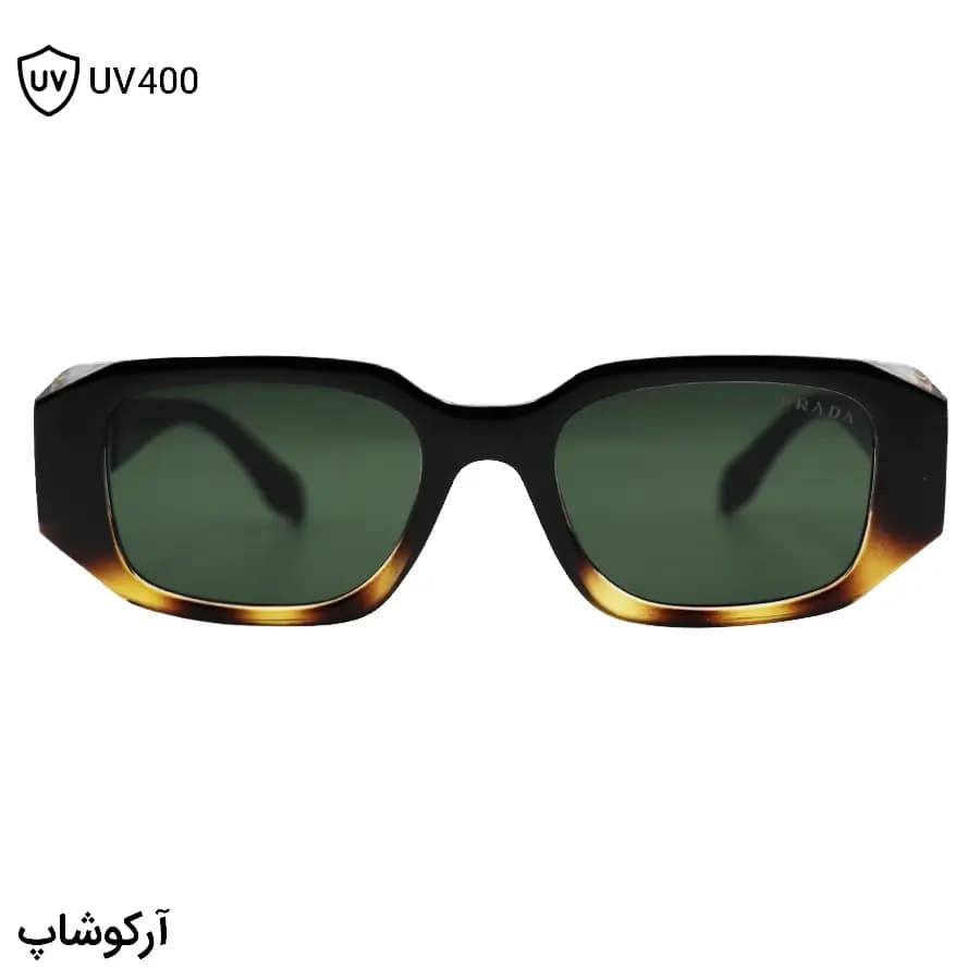 عینک آفتابی PRADA با فریم مستطیلی شکل، رنگ مشکی و هاوانا، دسته سیم‌دار و لنز سبز تیره مدل 8864 — تصویر ۳