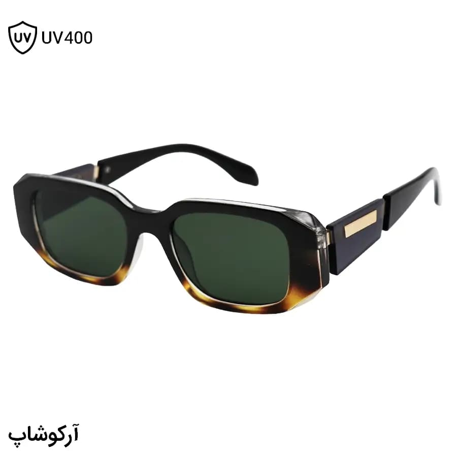 عینک آفتابی PRADA با فریم مستطیلی شکل، رنگ مشکی و هاوانا، دسته سیم‌دار و لنز سبز تیره مدل 8864