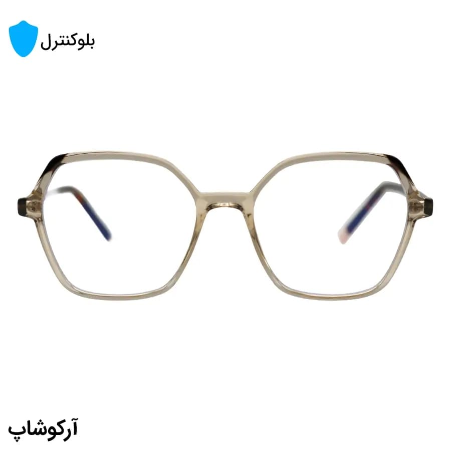 عینک بلوکنترل با فریم شکل چندضلعی، رنگ عسلی، دسته رنگ هاوانا، سیم‌دار و لنز بلوکنترل کره‌ای برند SKY مدل 8336 — تصویر ۳