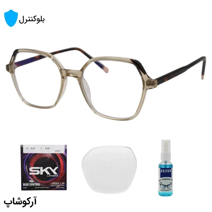 عینک بلوکنترل با فریم شکل چندضلعی، رنگ عسلی، دسته رنگ هاوانا، سیم‌دار و لنز بلوکنترل کره‌ای برند SKY مدل 8336