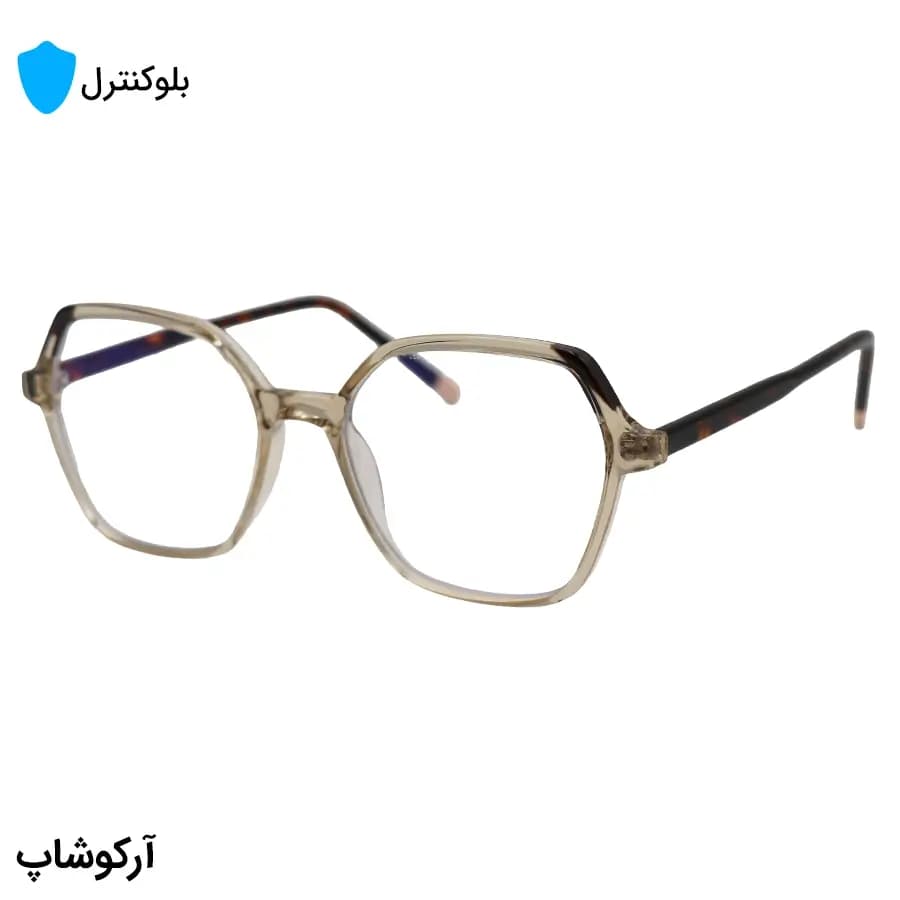 عینک بلوکنترل با فریم شکل چندضلعی، رنگ عسلی، دسته رنگ هاوانا، سیم‌دار و لنز بلوکنترل کره‌ای برند SKY مدل 8336 — تصویر ۴