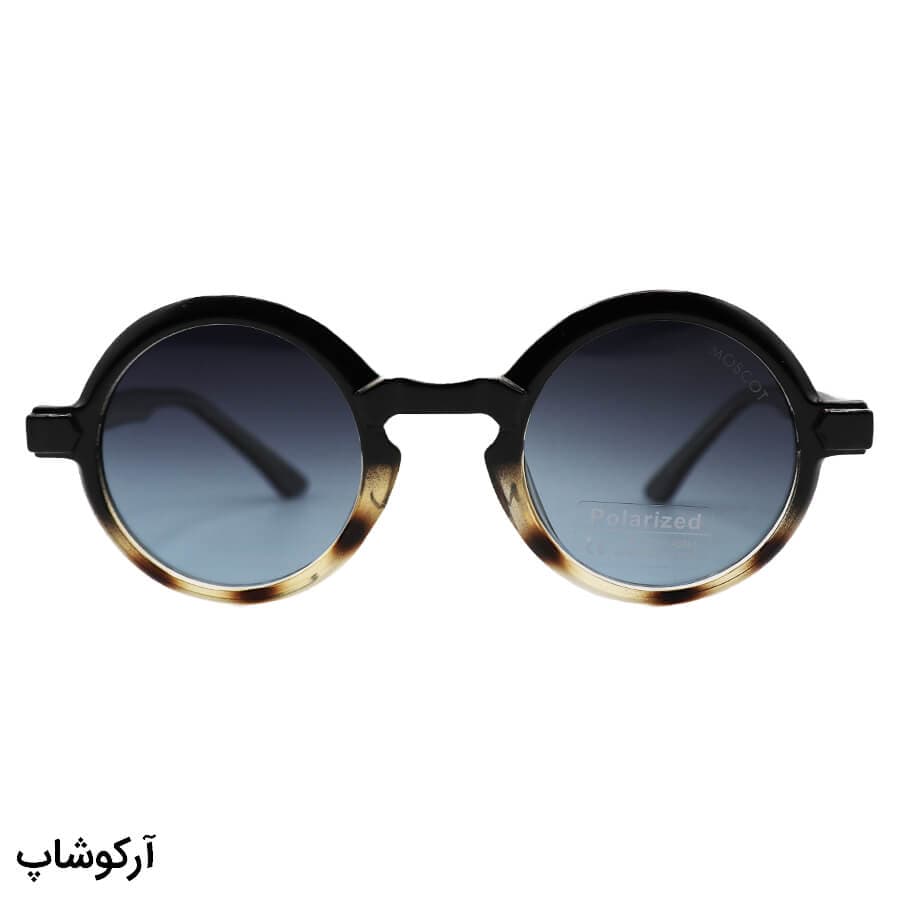 عینک آفتابی پلاریزه موسکات با فریم گرد، رنگ مشکی و قهوه‌ای، دسته سیم‌دار و لنز دودی هایلایت مدل P1206