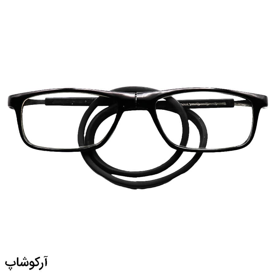 عینک مطالعه آهنربایی نمره +2.50 با فریم مشکی، مگنتی و بند ژله ای (به‌همراه قاب و دستمال) مدل MOT50