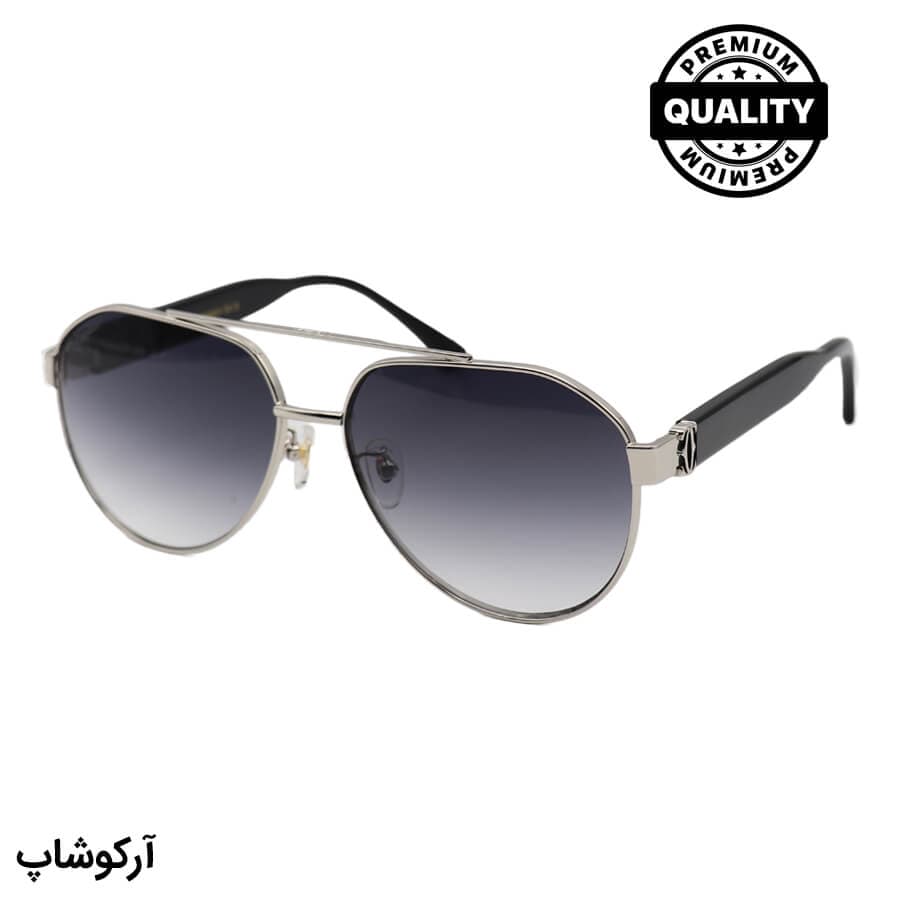 عینک آفتابی Cartier با فریم خلبانی، رنگ نقرهای، دسته مشکی و لنز دودی گرادینت مدل CT1185S 006 — تصویر ۲
