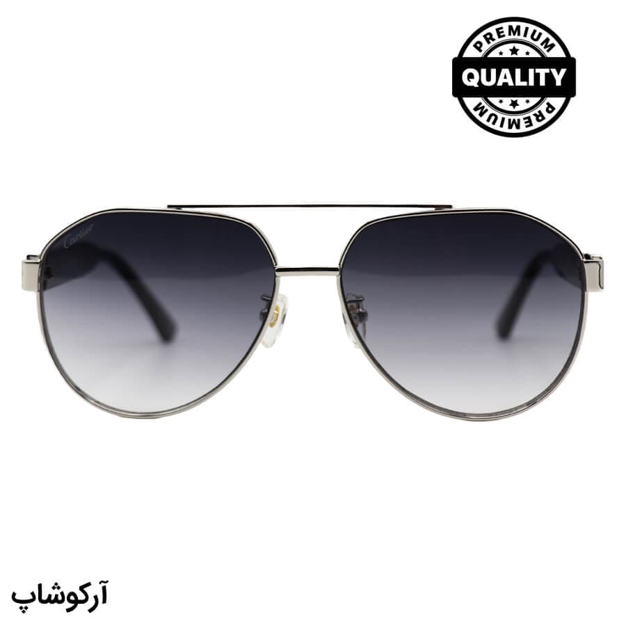 عینک آفتابی Cartier با فریم خلبانی، رنگ نقره‌ای، دسته مشکی و لنز دودی گرادینت مدل CT1185S 006