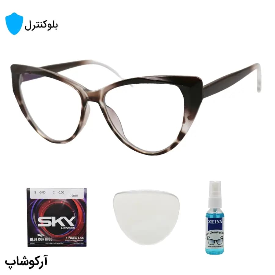 عینک بلوکنترل زنانه با فریم شکل چشم گربه‌ای، رنگ قهوه‌ای و لنز بلوکنترل کره‌ای برند SKY مدل 20386