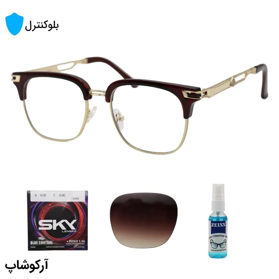 عینک بلوکنترل با فریم شکل کلاب مستر، رنگ طلایی و قهوه‌ای، برند میباخ و لنز بلوکنترل کره‌ای برند SKY مدل 3402