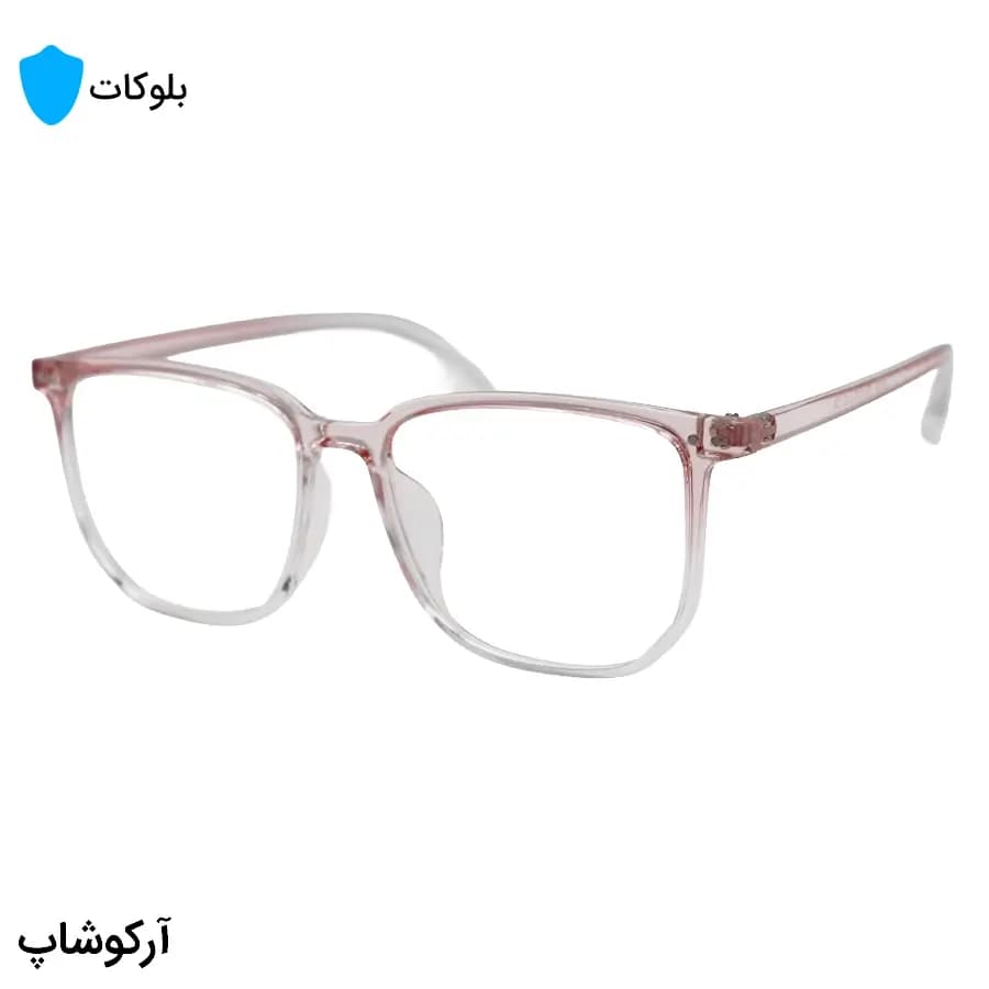 عینک با فریم صورتی رنگ، شکل مربعی، از جنس کائوچو و لنز بلوکات مدل 20355