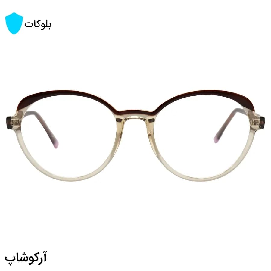 عینک زنانه با فریم دو رنگ عسلی و قهوهای، شگل گرد و دایرهای، دسته سیمدار و لنز بلوکات و UV400 مدل 8329 — تصویر ۳