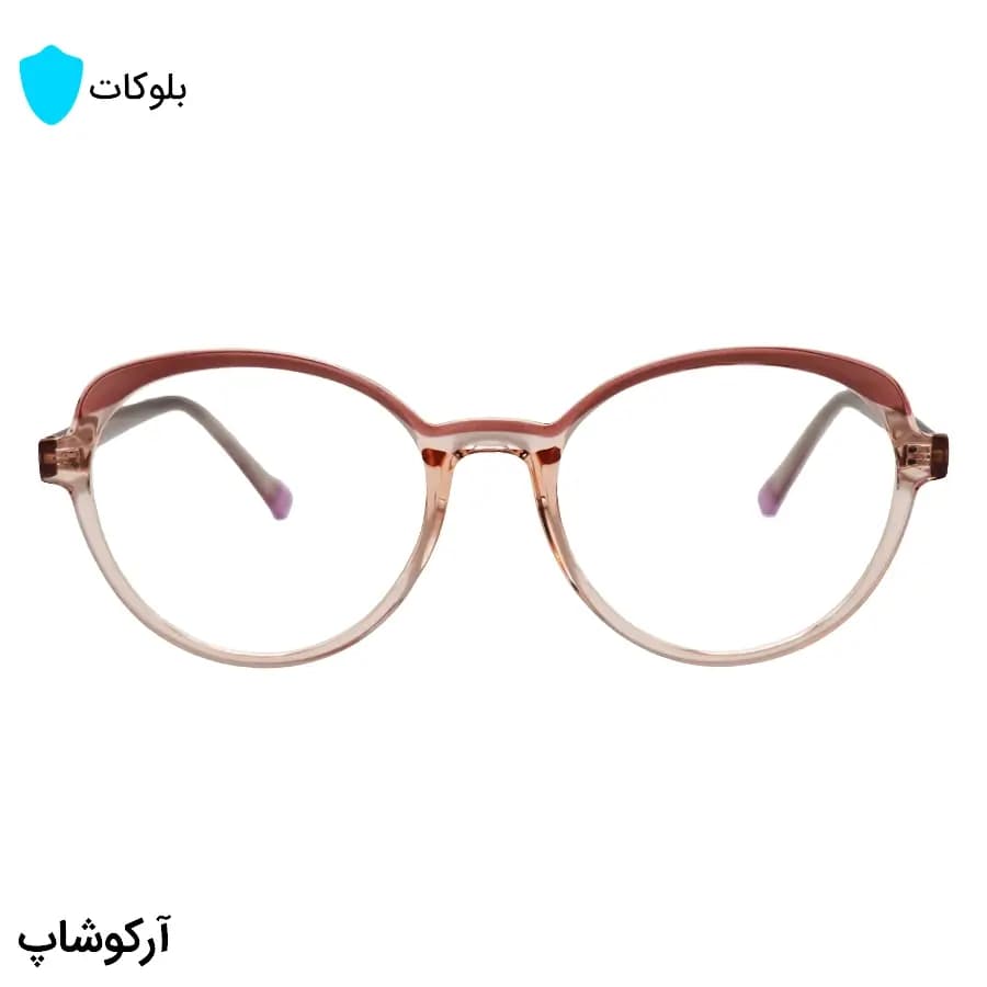 عینک زنانه با فریم دو رنگ عسلی و قرمز، شگل گرد و دایرهای، دسته سیمدار و لنز بلوکات و UV400 مدل 8329 — تصویر ۳