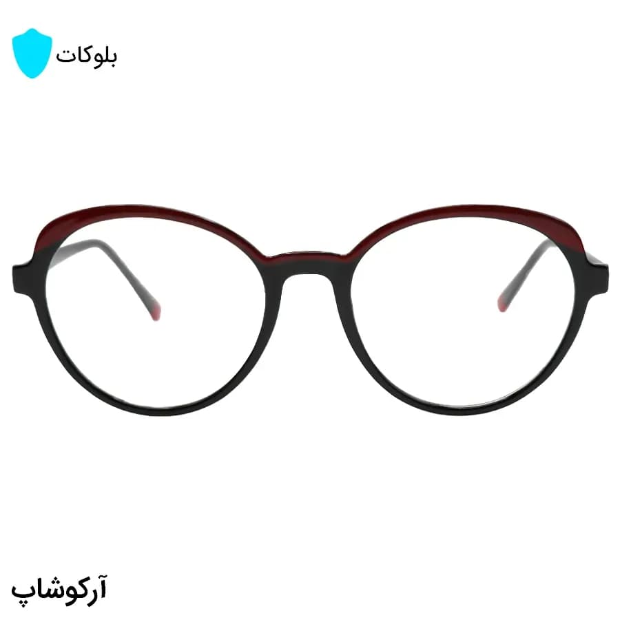 عینک زنانه با فریم دو رنگ مشکی و قرمز، شگل گرد و دایرهای، دسته سیمدار و لنز بلوکات و UV400 مدل 8329 — تصویر ۳