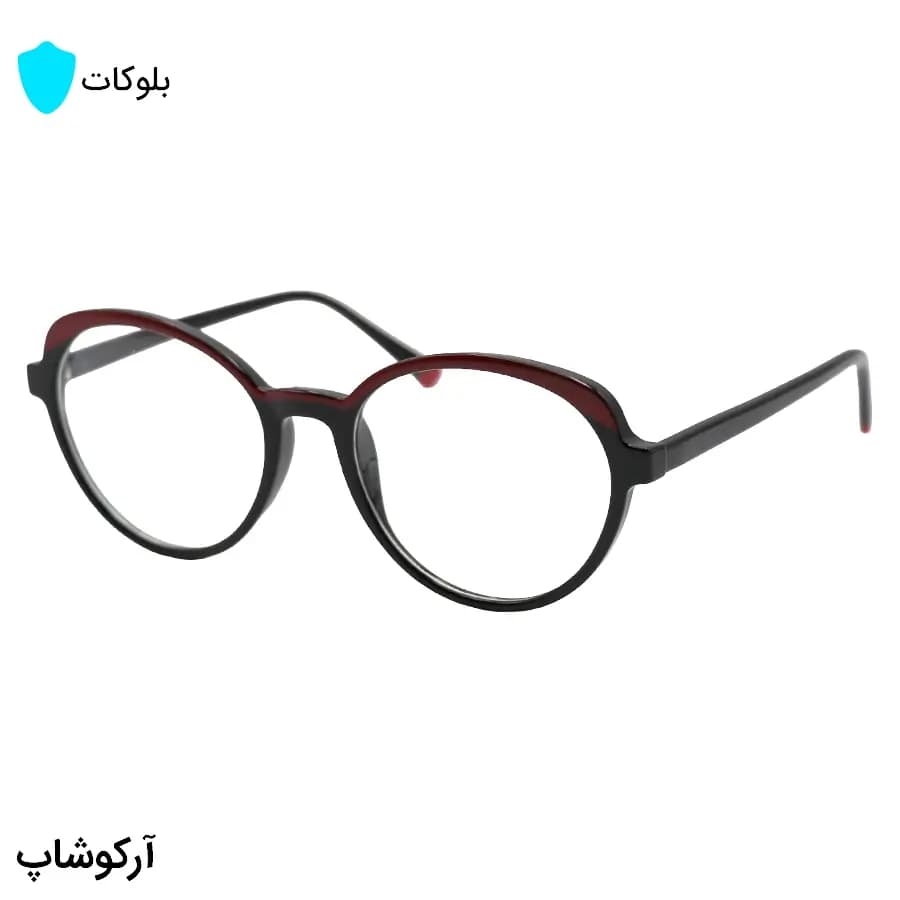 عینک زنانه با فریم دو رنگ مشکی و قرمز، شگل گرد و دایره‌ای، دسته سیم‌دار و لنز بلوکات و UV400 مدل 8329