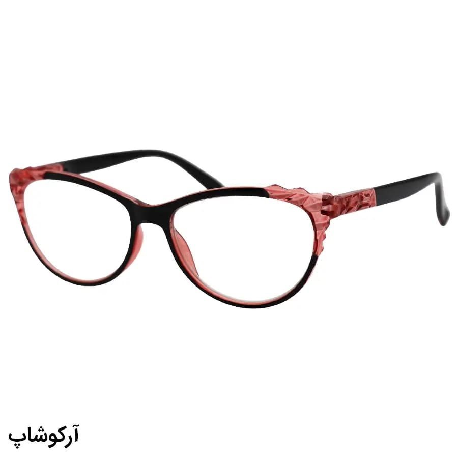 عینک مطالعه نزدیک بین نمره +2.00 به همراه قاب و دستمال، شکل چشم گربه‌ای و دسته فنردار مدل FB9155