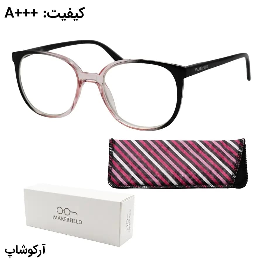 عینک مطالعه نزدیک بین نمره +2.00 با فریم دو رنگ مشکی و صورتی، شکل مربعی، لولا فنری و برند MakerField مدل H101