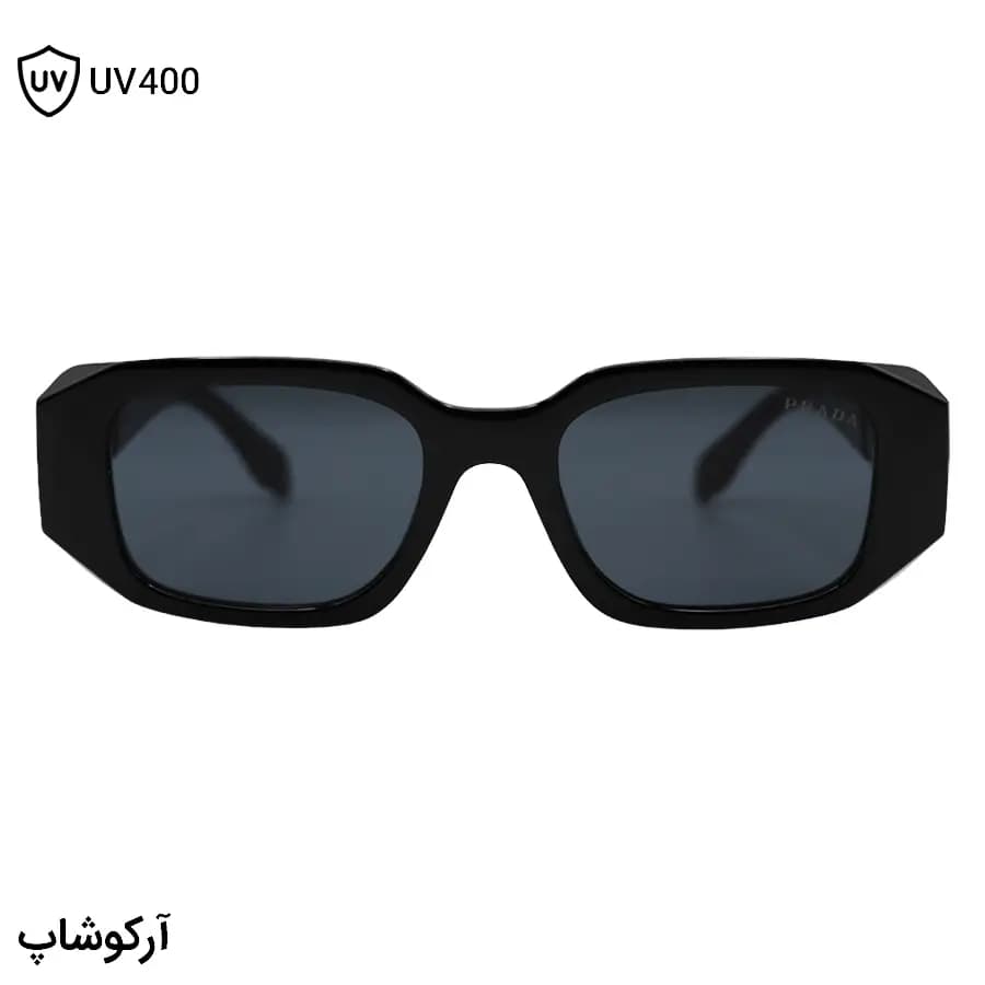 عینک آفتابی PRADA با فریم مستطیلی شکل، رنگ مشکی براق، دسته سیمدار و لنز دودی تیره مدل 8864 — تصویر ۳
