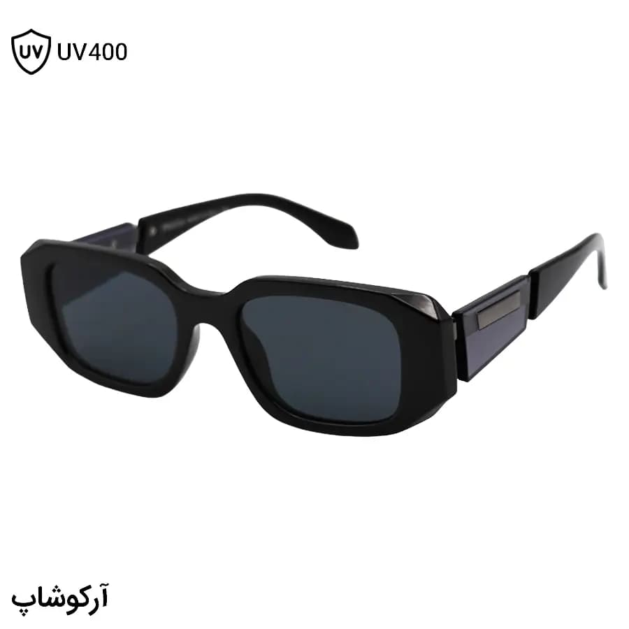 عینک آفتابی PRADA با فریم مستطیلی شکل، رنگ مشکی براق، دسته سیم‌دار و لنز دودی تیره مدل 8864