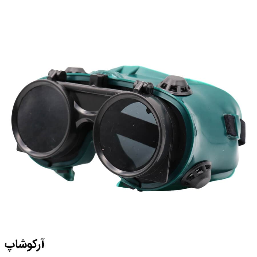 عینک کار و ایمنی دو کاره با فریم رنگ سبز و مشکی و مناسب برای جوشکاری و تراشکاری (صنعتگران) مدل J998