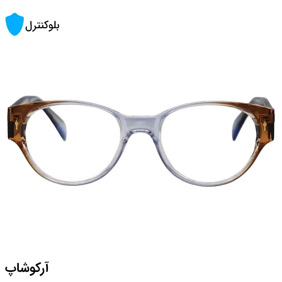 عینک بلوکنترل با فریم شکل بیضی، رنگ آبی و قهوهای، دسته سیمدار، برند گوچی و لنز بلوکنترل کرهای برند SKY مدل 669802 — تصویر ۳