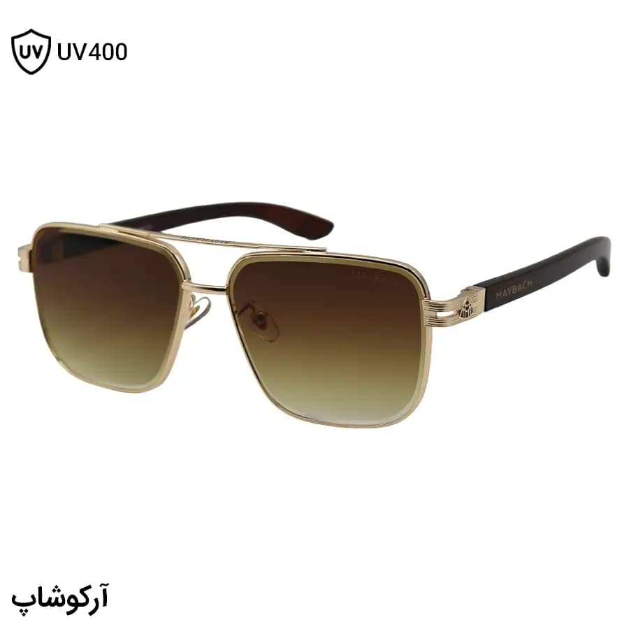 عینک آفتابی لاکچری Maybach با فریم طلایی، مربعی شکل، دسته چوبی و لنز قهوهای گرادینت مدل 23186