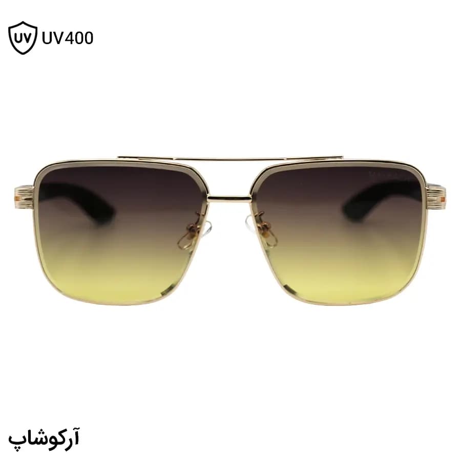 عینک آفتابی لاکچری میباخ با فریم طلایی رنگ، مربعی شکل، دسته چوبی و لنز قهوه‌ای سایه روشن مدل 23186 — تصویر ۳