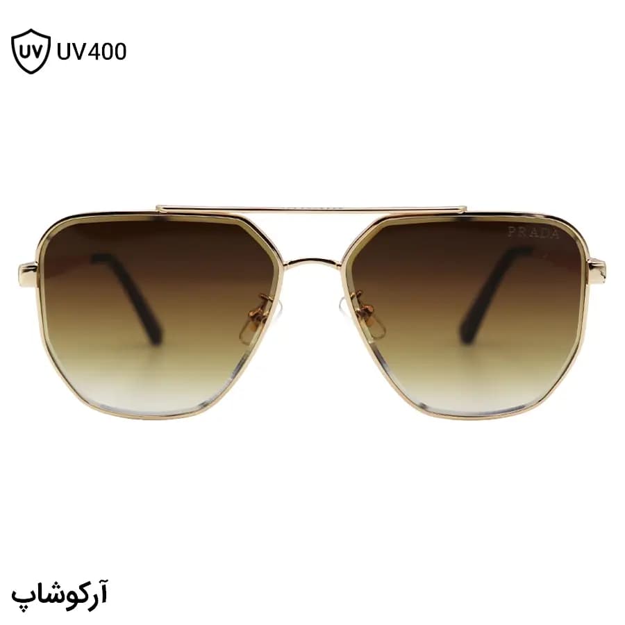 عینک آفتابی Prada با فریم شکل چندضلعی، طلایی رنگ و عدسی قهوه‌ای سایه روشن مدل 22410 — تصویر ۳