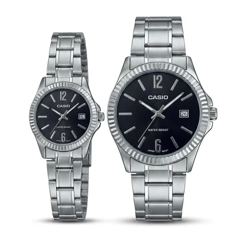 ساعت ست مردانه-زنانه کاسیو مدل CASIO-MTP-1183 – بند نقره ای صفحه مشکی