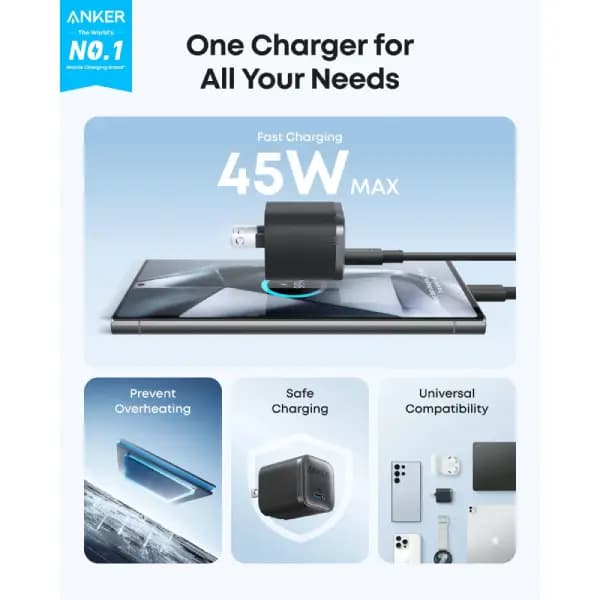 شارژر دیواری 45 وات با کابل USB-C به USB-C انکر مدل Anker Nano Charger A2692 — تصویر ۵