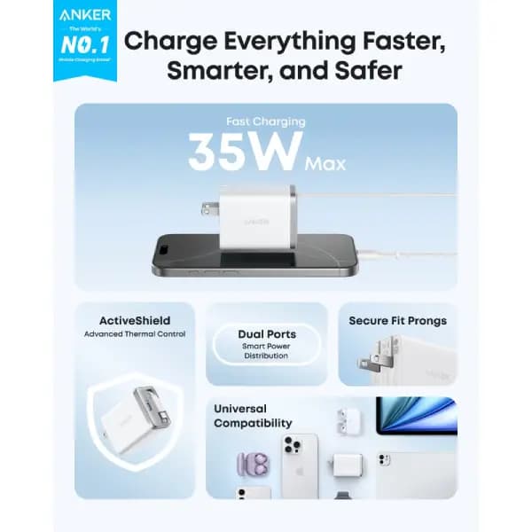 شارژر دیواری 35 وات با کابل USB-C جمع‌شونده انکر مدل Anker Nano Charger A2658 — تصویر ۶