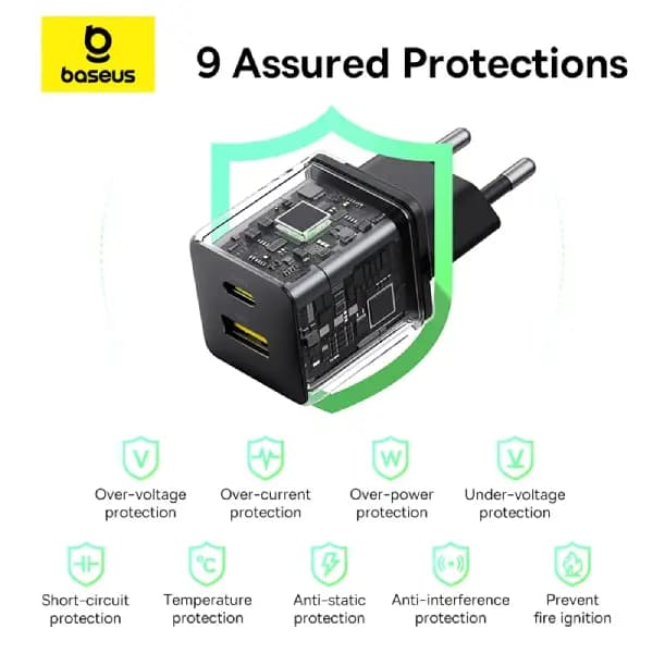 شارژر دیواری سریع بیسوس مدل Baseus Palm Fast Charger Type-C + USB-A 20W EU — تصویر ۳