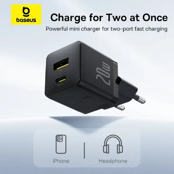 شارژر دیواری سریع بیسوس مدل Baseus Palm Fast Charger Type-C + USB-A 20W EU — تصویر ۶