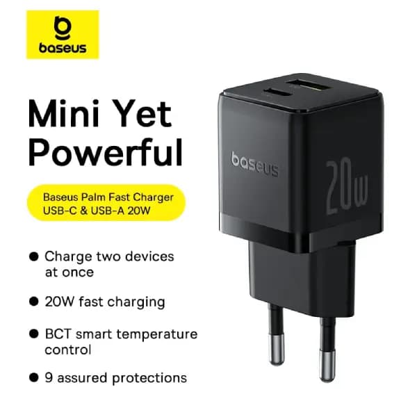شارژر دیواری سریع بیسوس مدل Baseus Palm Fast Charger Type-C + USB-A 20W EU — تصویر ۵