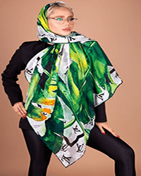 روسری نخی سایز ۱۴۰ سفید با LV مشکی و برگ هاوایی سبز کد CD101
