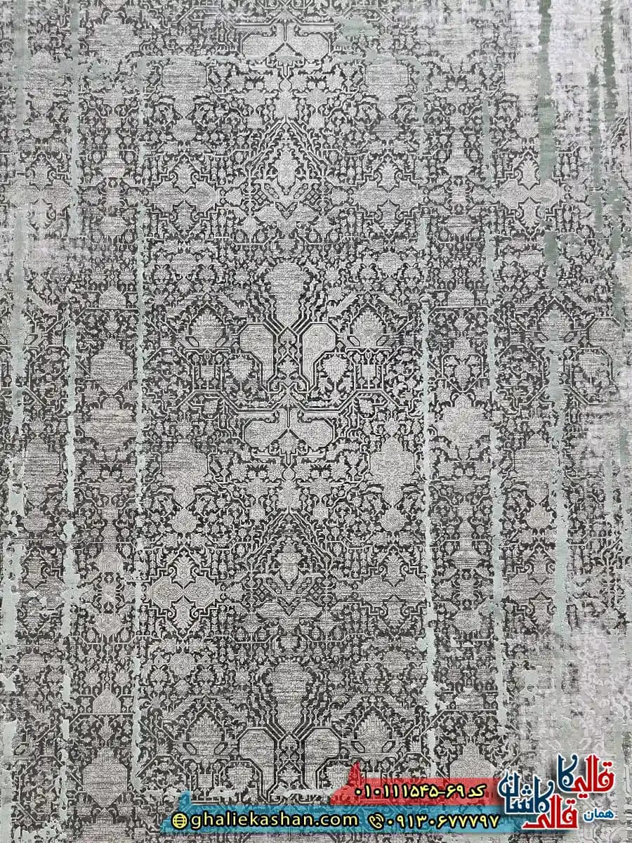 فرش وینتیج 1500 شانه طرح افشان مرسیا رنگ طوسی نقره ای سدری گل برجسته کاشان — تصویر ۴