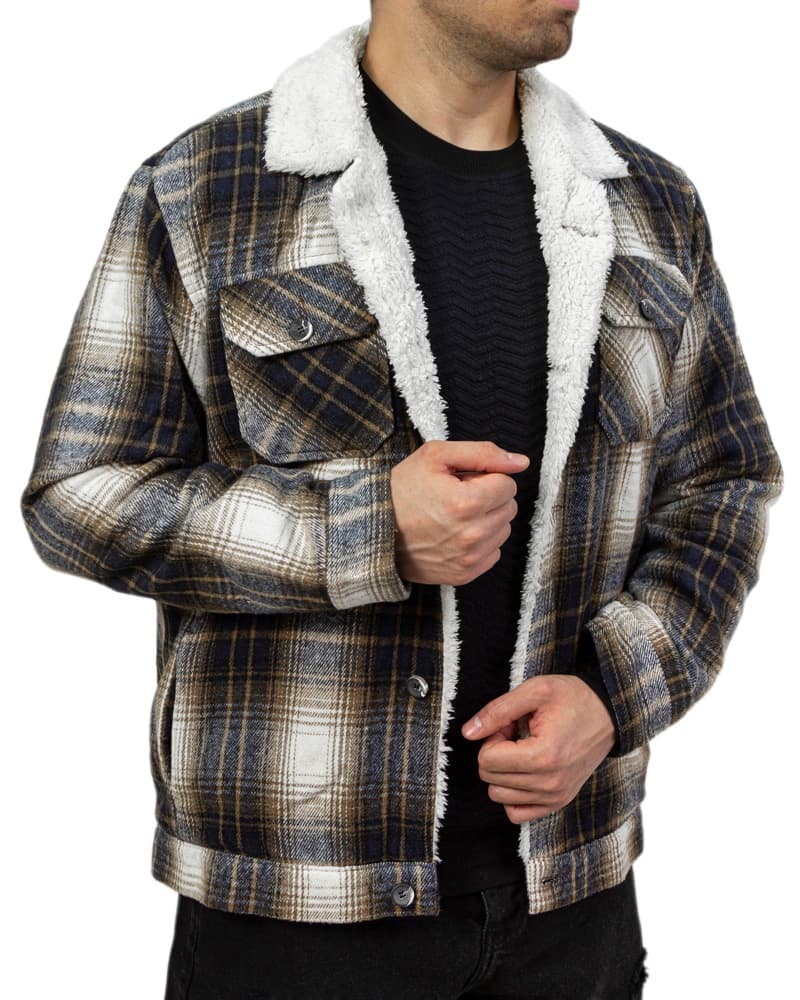 پیراهن کتی مردانه چهارخانه پشمی ضخیم داخل خز دار رنگ سرمه ای کرم کد 65213 — تصویر ۴