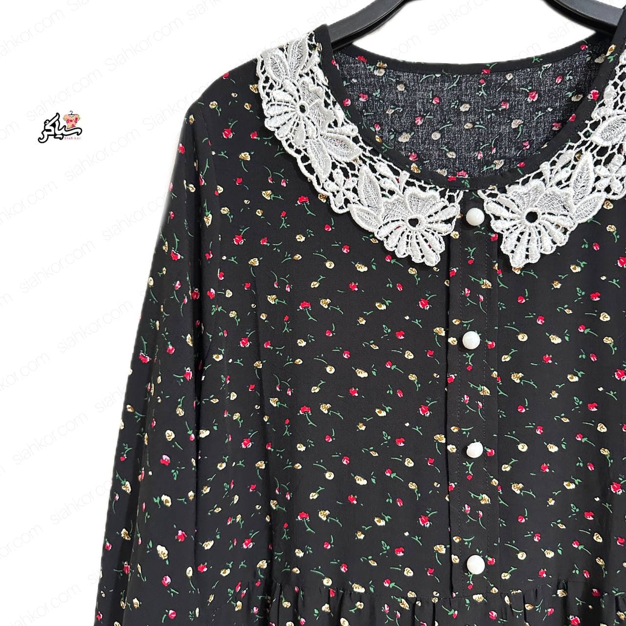 پیراهن نخی آستین سه ربع چین دار خنک و تابستونی (بدون آبرفت) مشکی — تصویر ۲