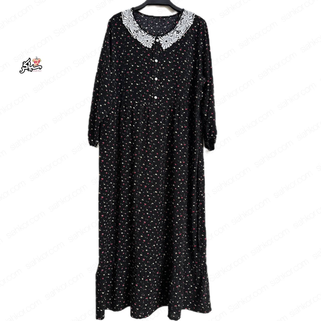 پیراهن نخی آستین سه ربع چین دار خنک و تابستونی (بدون آبرفت) مشکی — تصویر ۳