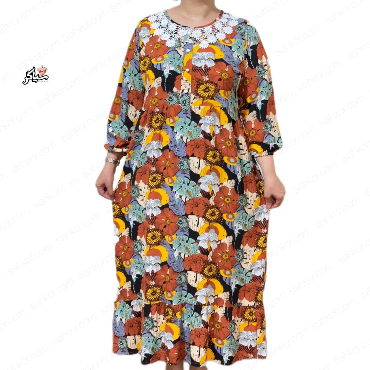 پیراهن نخی آستین سه ربع چین دار خنک و تابستونی (بدون آبرفت) قهوه ای — تصویر ۴