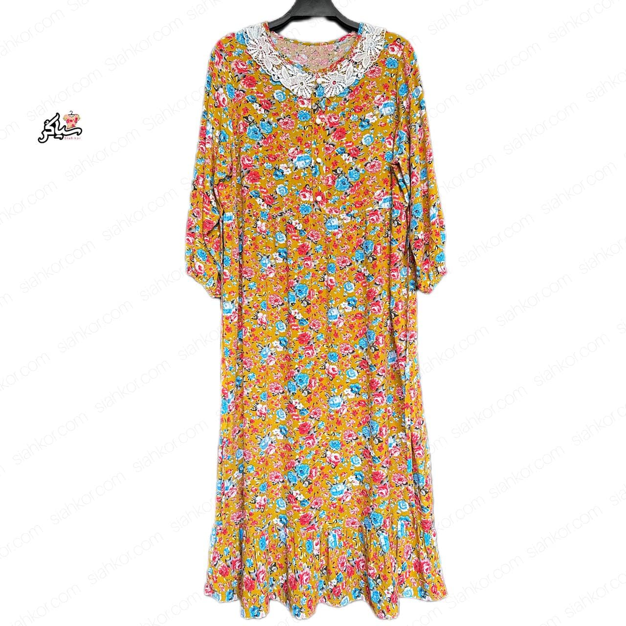 پیراهن نخی آستین سه ربع چین دار خنک و تابستونی (بدون آبرفت) زرد — تصویر ۳