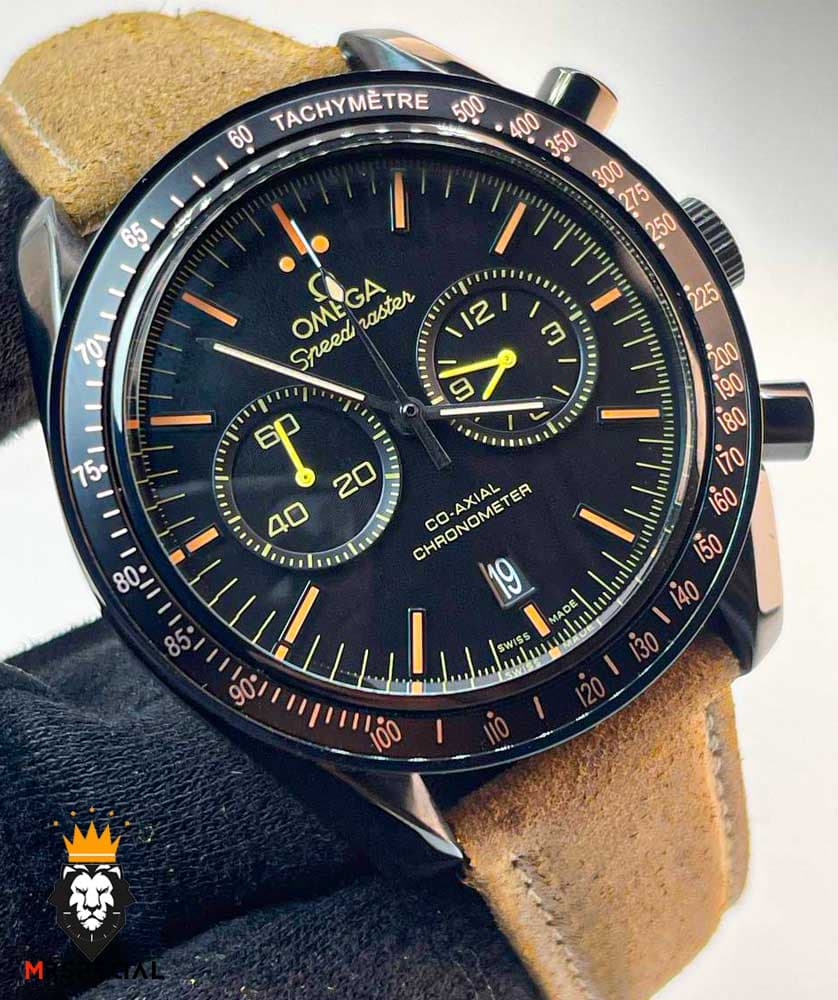 ساعت مردانه امگا اسپید مستر کرنوگراف مشکی بند چرم قهوه ای OMEGA Speedmaster 01201 — تصویر ۳