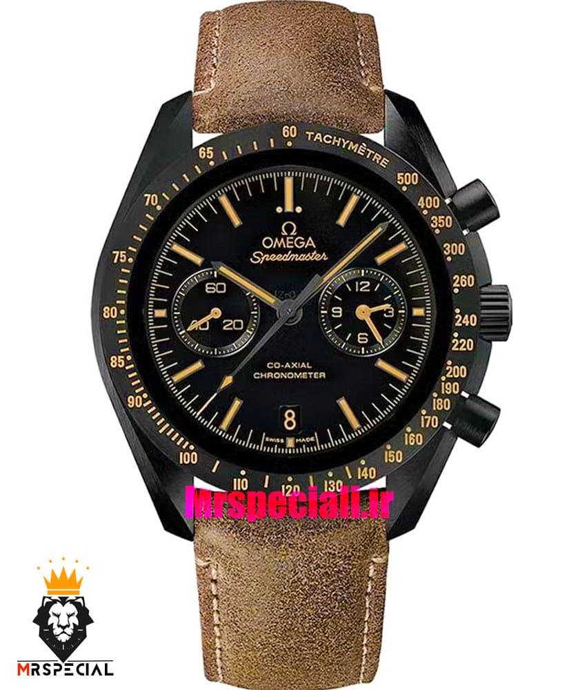 ساعت مردانه امگا اسپید مستر کرنوگراف مشکی بند چرم قهوه ای OMEGA Speedmaster 01201