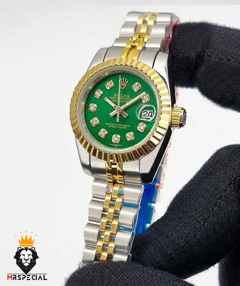ساعت زنانه رولکس دیت جاست کوارتز دورنگ طلایی صفحه سبز 01059 ROLEX DATEJUST — تصویر ۲