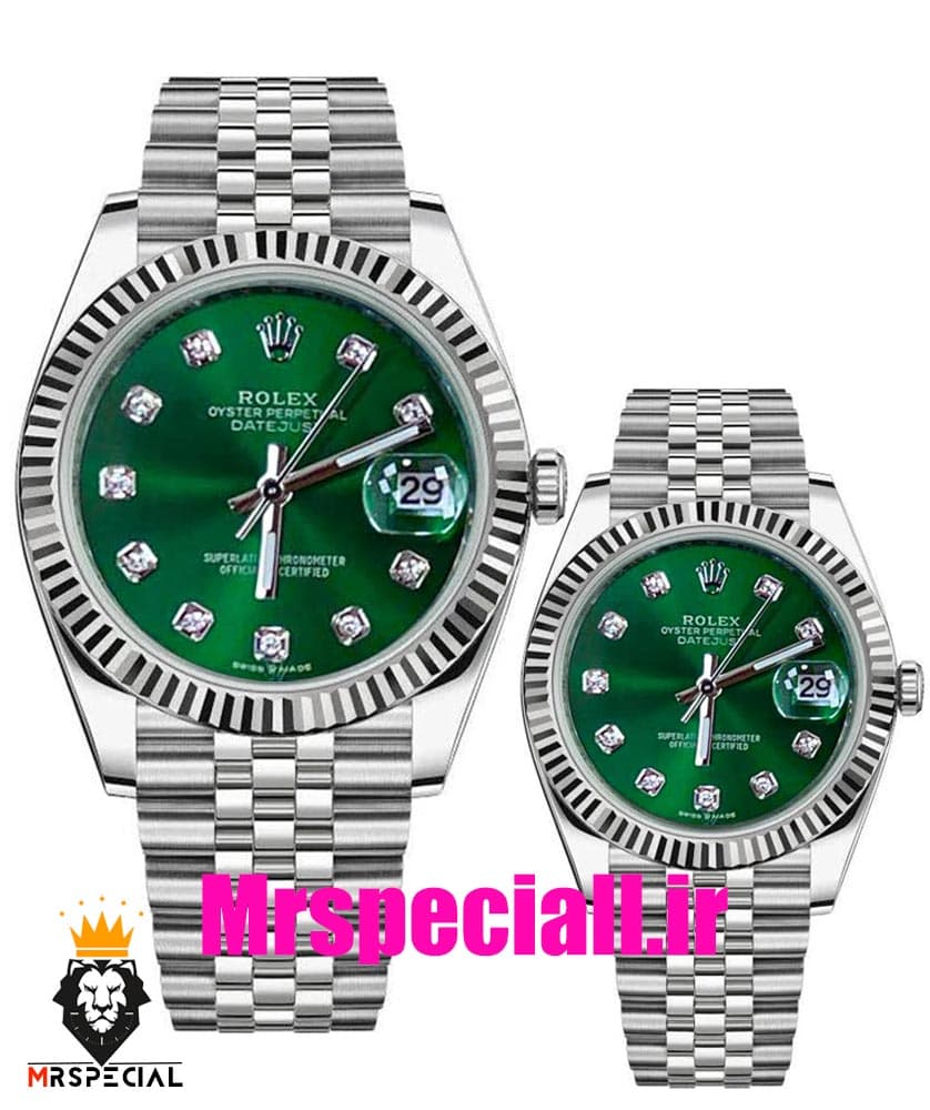 ساعت ست رولکس مردانه و زنانه دیت جاست باتری استیل صفحه سبز 01046 ROLEX DATEJUST